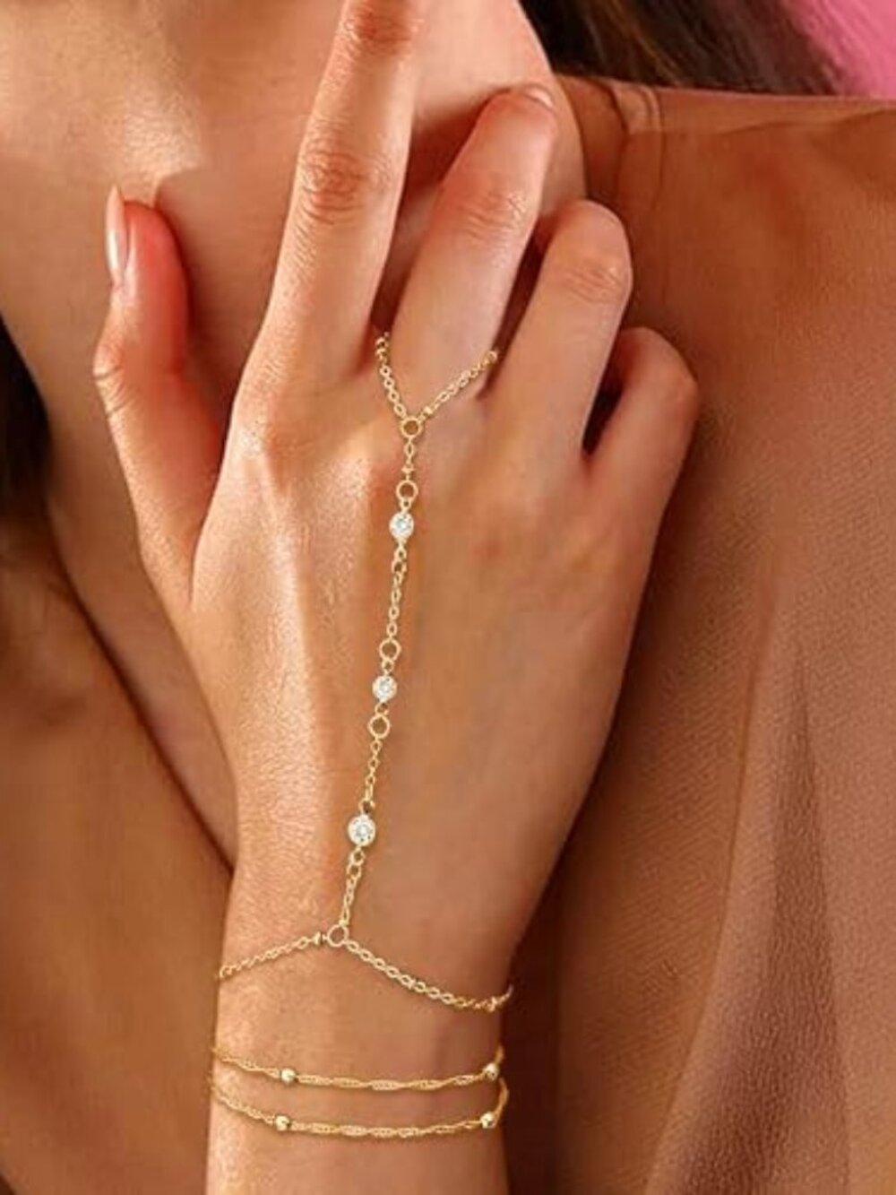 New - Gold Bracelets for Women, 14k Gold Plated Hand Chain Bracelet, 2 Pcs Ring